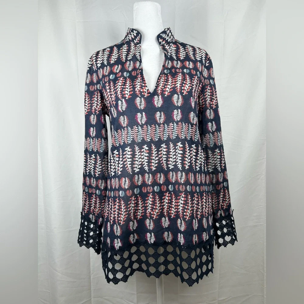Tory Burch Fern Tunic Top Size 4 Navy Blue Crochet Cotton